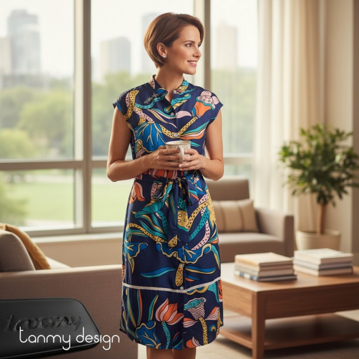 Váy lụa phối ren LIÊN HOA VŨ Xanh navy